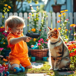 A cheeky, mischievous child aiming a toy gun at a cat, with a playful yet slightly dark vibe