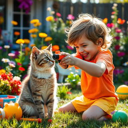 A cheeky, mischievous child aiming a toy gun at a cat, with a playful yet slightly dark vibe