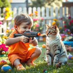 A cheeky, mischievous child aiming a toy gun at a cat, with a playful yet slightly dark vibe