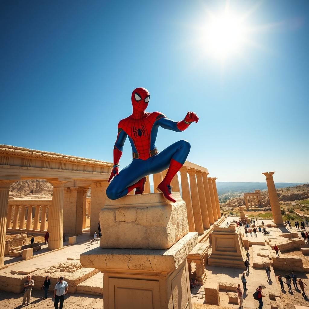 A vibrant and dynamic scene featuring Spiderman perched on a high ledge of a majestic ancient Persian building in Persepolis