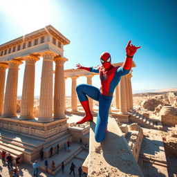A vibrant and dynamic scene featuring Spiderman perched on a high ledge of a majestic ancient Persian building in Persepolis