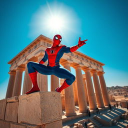 A vibrant and dynamic scene featuring Spiderman perched on a high ledge of a majestic ancient Persian building in Persepolis