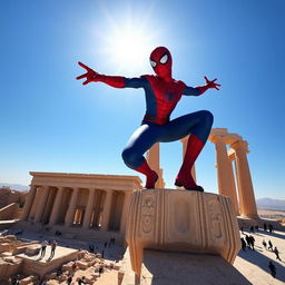 A vibrant and dynamic scene featuring Spiderman perched on a high ledge of a majestic ancient Persian building in Persepolis
