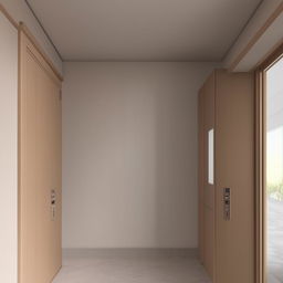 Render an interior with a size of 15' x11' feet wall featuring two doors positioned at the left corner and a television unit centered on the wall.