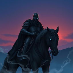 An illustration of a formidable warrior clad in sleek black armor, positioned majestically atop a dark, powerful warhorse at the edge of a mystical twilight