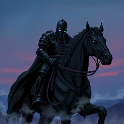 An illustration of a formidable warrior clad in sleek black armor, positioned majestically atop a dark, powerful warhorse at the edge of a mystical twilight
