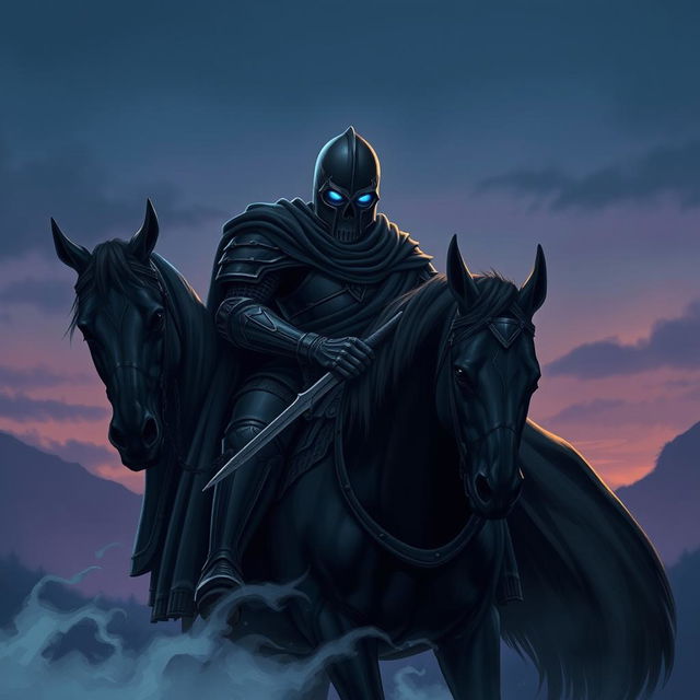 An illustration of a formidable warrior clad in sleek black armor, positioned majestically atop a dark, powerful warhorse at the edge of a mystical twilight