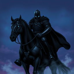 An illustration of a formidable warrior clad in sleek black armor, positioned majestically atop a dark, powerful warhorse at the edge of a mystical twilight