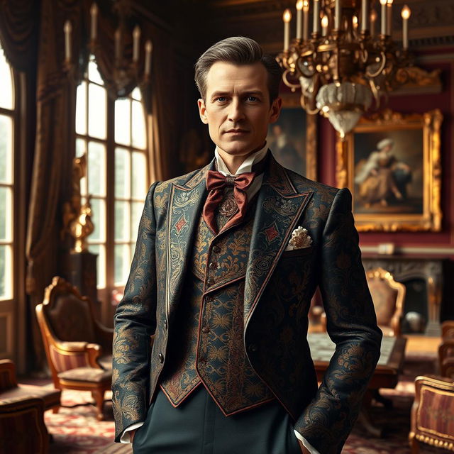 A portrait of an aristocrat dressed in a luxurious, richly embellished tailored suit, featuring intricate jewel-toned fabrics, and adorned with an elegant cravat and a decorative waistcoat