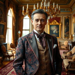 A portrait of an aristocrat dressed in a luxurious, richly embellished tailored suit, featuring intricate jewel-toned fabrics, and adorned with an elegant cravat and a decorative waistcoat