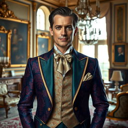 A portrait of an aristocrat dressed in a luxurious, richly embellished tailored suit, featuring intricate jewel-toned fabrics, and adorned with an elegant cravat and a decorative waistcoat