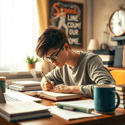 A motivated student studying intensely at a desk, surrounded by textbooks, notes, and a laptop