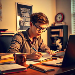 A motivated student studying intensely at a desk, surrounded by textbooks, notes, and a laptop