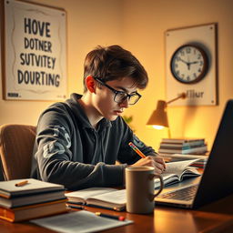 A motivated student studying intensely at a desk, surrounded by textbooks, notes, and a laptop