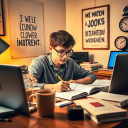 A motivated student studying intensely at a desk, surrounded by textbooks, notes, and a laptop