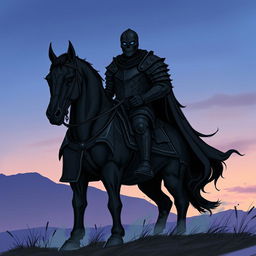 A sketch illustration of a formidable warrior clad in intricately designed black armor, poised majestically on a dark, powerful warhorse at the edge of twilight