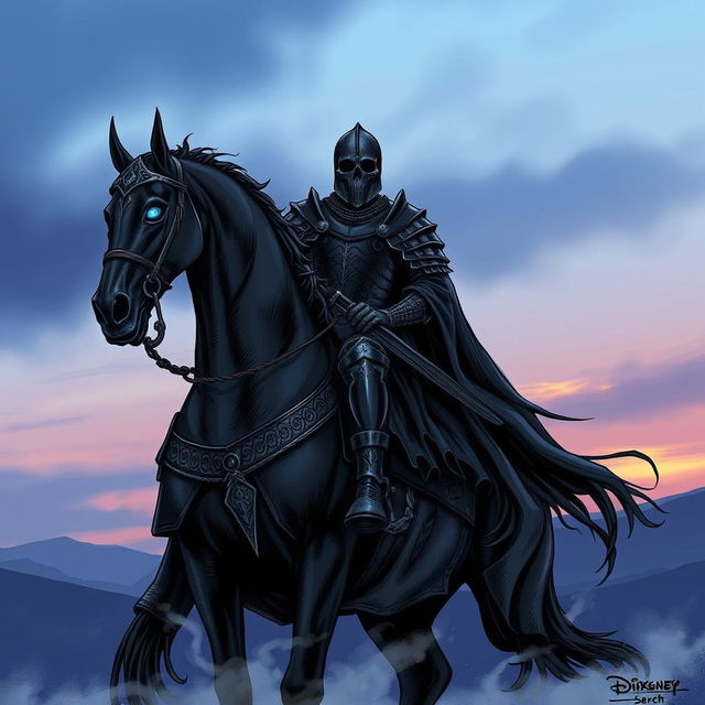 A sketch illustration of a formidable warrior clad in intricately designed black armor, poised majestically on a dark, powerful warhorse at the edge of twilight