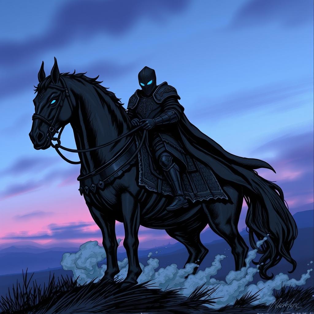 A sketch illustration of a formidable warrior clad in intricately designed black armor, poised majestically on a dark, powerful warhorse at the edge of twilight