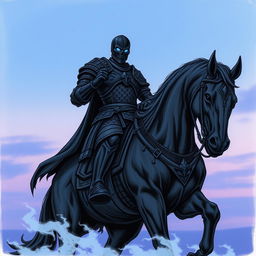 A sketch illustration of a formidable warrior clad in intricately designed black armor, poised majestically on a dark, powerful warhorse at the edge of twilight