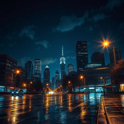 A breathtaking nighttime cityscape featuring sparkling lights illuminating the buildings, streets, and skyline