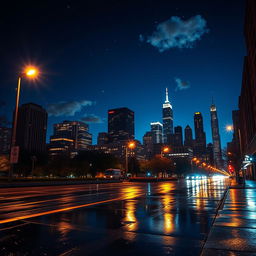 A breathtaking nighttime cityscape featuring sparkling lights illuminating the buildings, streets, and skyline