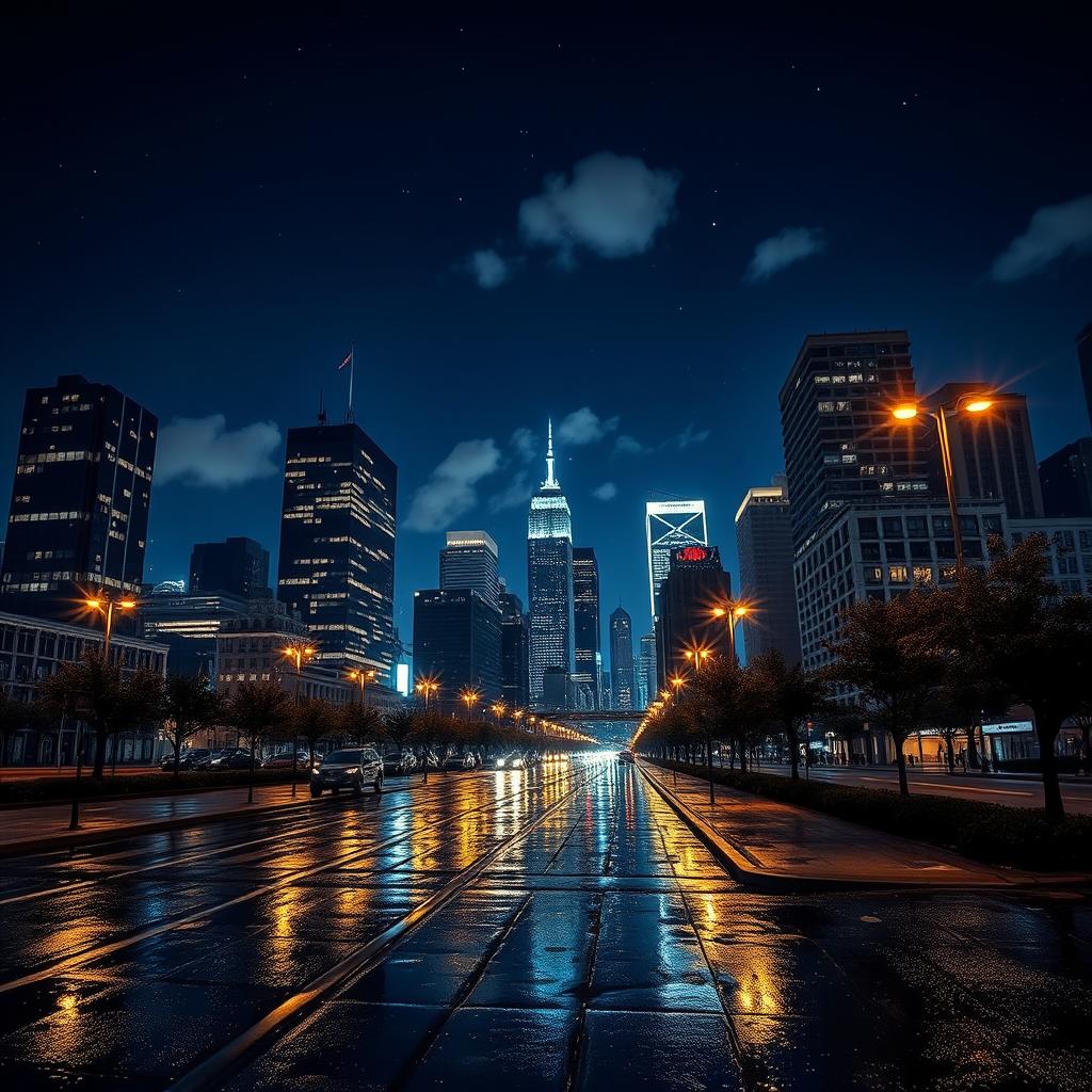 A breathtaking nighttime cityscape featuring sparkling lights illuminating the buildings, streets, and skyline