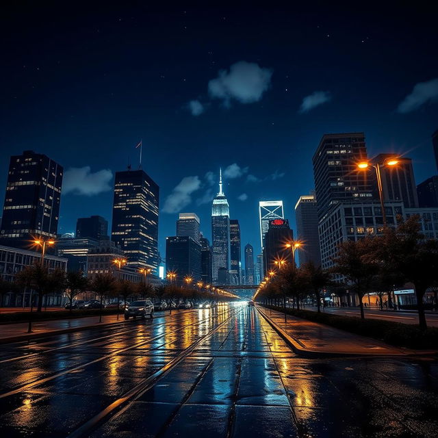 A breathtaking nighttime cityscape featuring sparkling lights illuminating the buildings, streets, and skyline