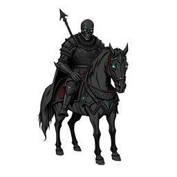 A detailed illustration sketch of a formidable warrior clad in intricately designed black armor, confidently positioned atop a dark, powerful warhorse