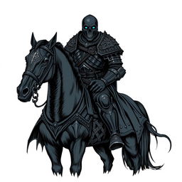 A detailed illustration sketch of a formidable warrior clad in intricately designed black armor, confidently positioned atop a dark, powerful warhorse