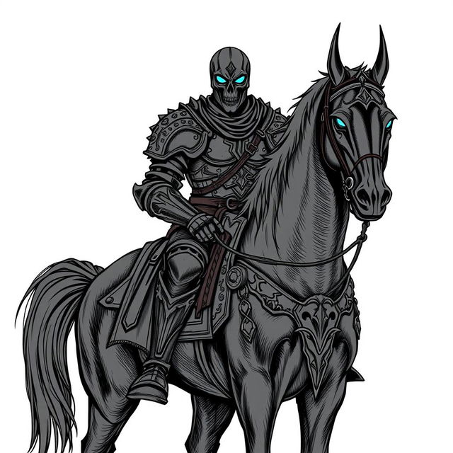 A detailed illustration sketch of a formidable warrior clad in intricately designed black armor, confidently positioned atop a dark, powerful warhorse