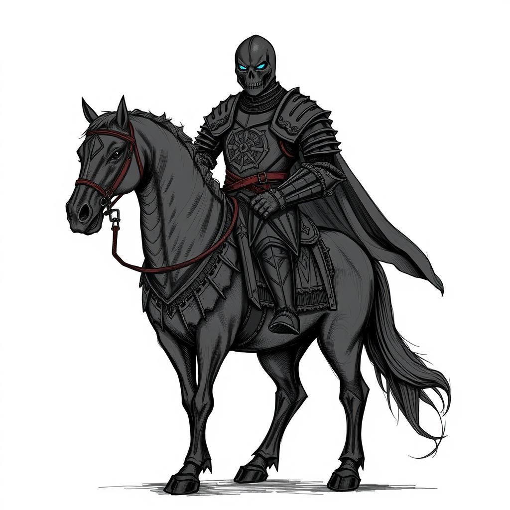 A detailed illustration sketch of a formidable warrior clad in intricately designed black armor, confidently positioned atop a dark, powerful warhorse