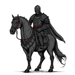 A detailed illustration sketch of a formidable warrior clad in intricately designed black armor, confidently positioned atop a dark, powerful warhorse