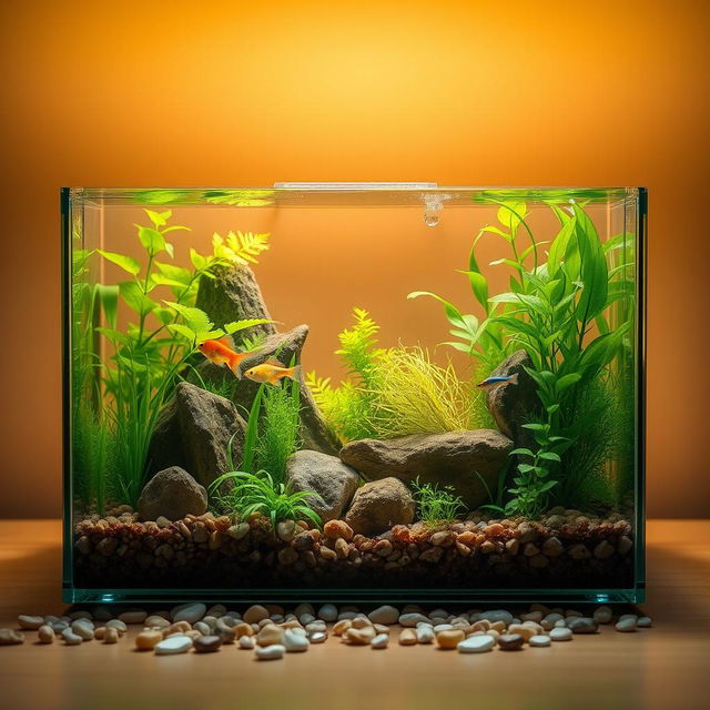 A realistic nano rectangle shaped planted aquarium, filled with lush green aquatic plants and decorative rocks