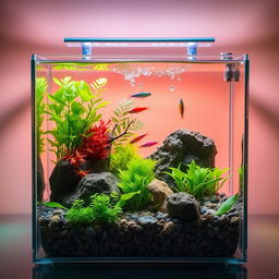 A realistic nano rectangle shaped planted aquarium, filled with lush green aquatic plants and decorative rocks