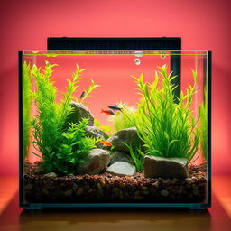 A realistic nano rectangle shaped planted aquarium, filled with lush green aquatic plants and decorative rocks