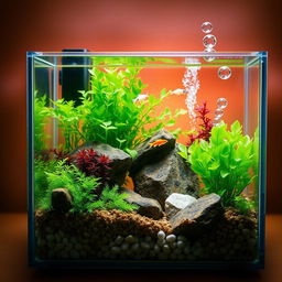 A realistic nano rectangle shaped planted aquarium, filled with lush green aquatic plants and decorative rocks