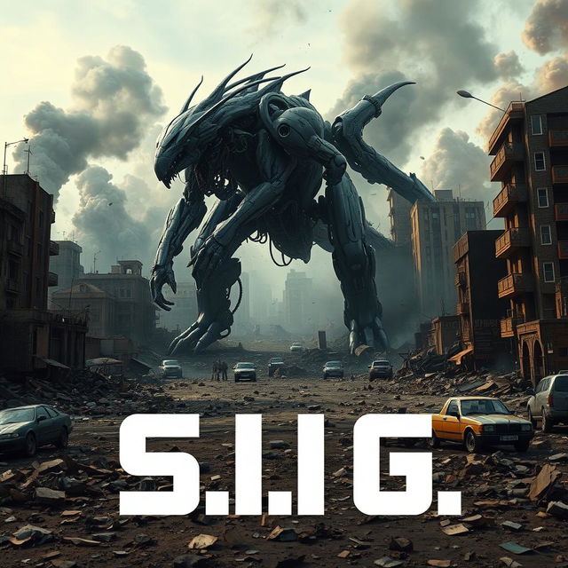 A menacing cybernetic creature, a devastating hybrid between a monster and a machine, towering over a destroyed cityscape