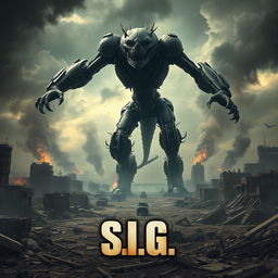 A menacing cybernetic creature, a devastating hybrid between a monster and a machine, towering over a destroyed cityscape