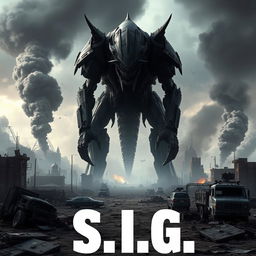 A menacing cybernetic creature, a devastating hybrid between a monster and a machine, towering over a destroyed cityscape