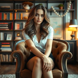 A stunning, professionally edited portrait of a young woman, sitting elegantly on a vintage armchair in a beautifully lit room