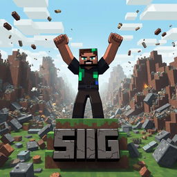 A Minecraft-inspired hero brine character standing triumphantly in the center of a devastated Minecraft world, surrounded by destruction such as broken blocks and scattered items