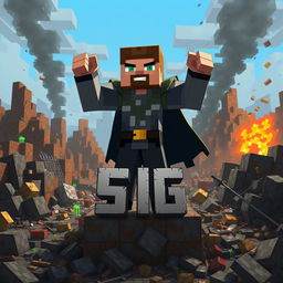 A Minecraft-inspired hero brine character standing triumphantly in the center of a devastated Minecraft world, surrounded by destruction such as broken blocks and scattered items