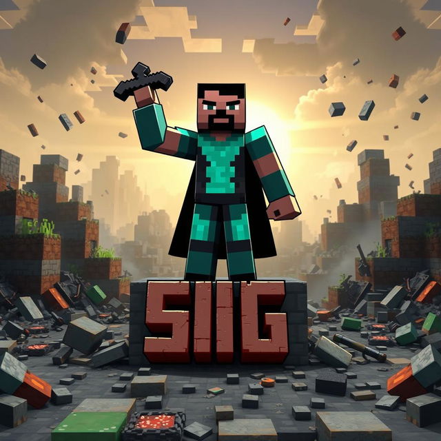 A Minecraft-inspired hero brine character standing triumphantly in the center of a devastated Minecraft world, surrounded by destruction such as broken blocks and scattered items