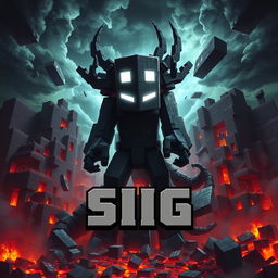 A powerful depiction of Herobrine from Minecraft, an ominous figure with glowing white eyes, surrounded by destruction and chaos in a blocky landscape