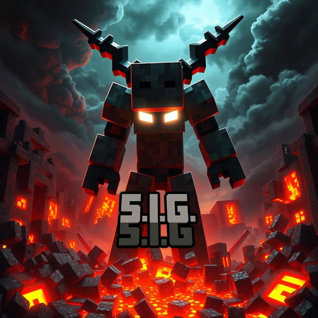 A powerful depiction of Herobrine from Minecraft, an ominous figure with glowing white eyes, surrounded by destruction and chaos in a blocky landscape