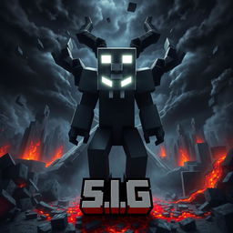 A powerful depiction of Herobrine from Minecraft, an ominous figure with glowing white eyes, surrounded by destruction and chaos in a blocky landscape