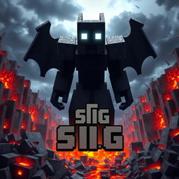 A powerful depiction of Herobrine from Minecraft, an ominous figure with glowing white eyes, surrounded by destruction and chaos in a blocky landscape