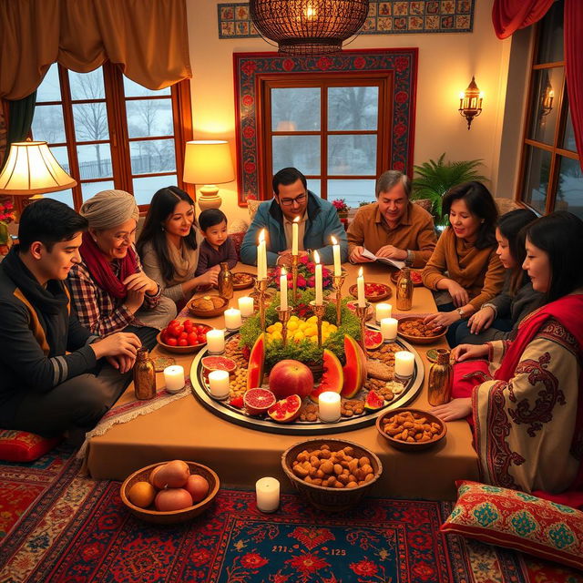 A beautifully decorated Yalda Night celebration, featuring a traditional spread with fruits like pomegranates and watermelons, nuts, and candles