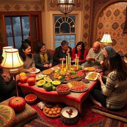 A beautifully decorated Yalda Night celebration, featuring a traditional spread with fruits like pomegranates and watermelons, nuts, and candles