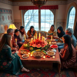 A beautifully decorated Yalda Night celebration, featuring a traditional spread with fruits like pomegranates and watermelons, nuts, and candles